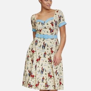 Collectif Cream Dress with Blue Trim and Red Print